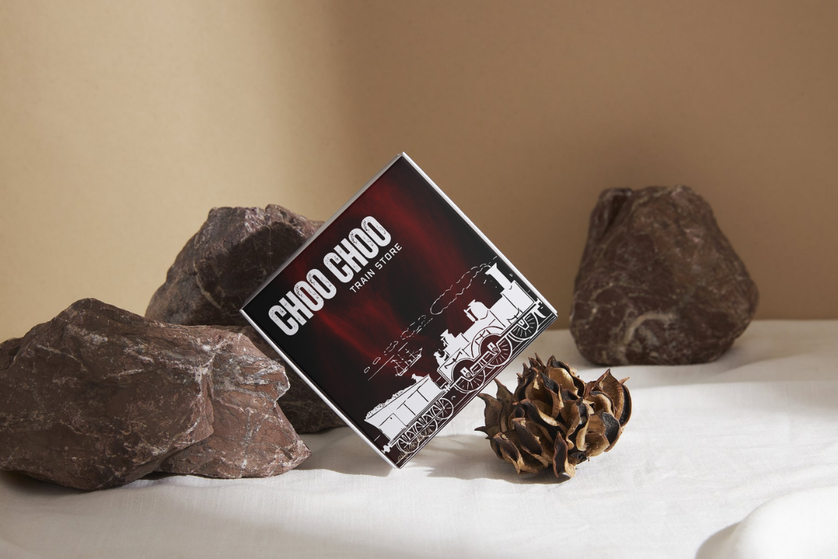 choo choo red and black package for a train store design by rola khader