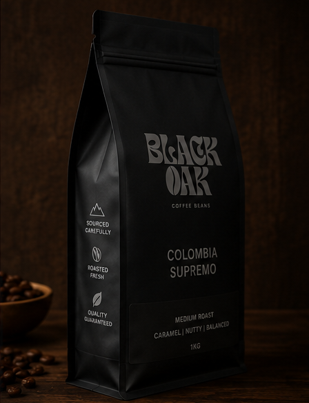 Black Oak Colombian Coffee packaging side view