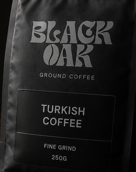 Black Oak Turkish Coffee Packaging close-up