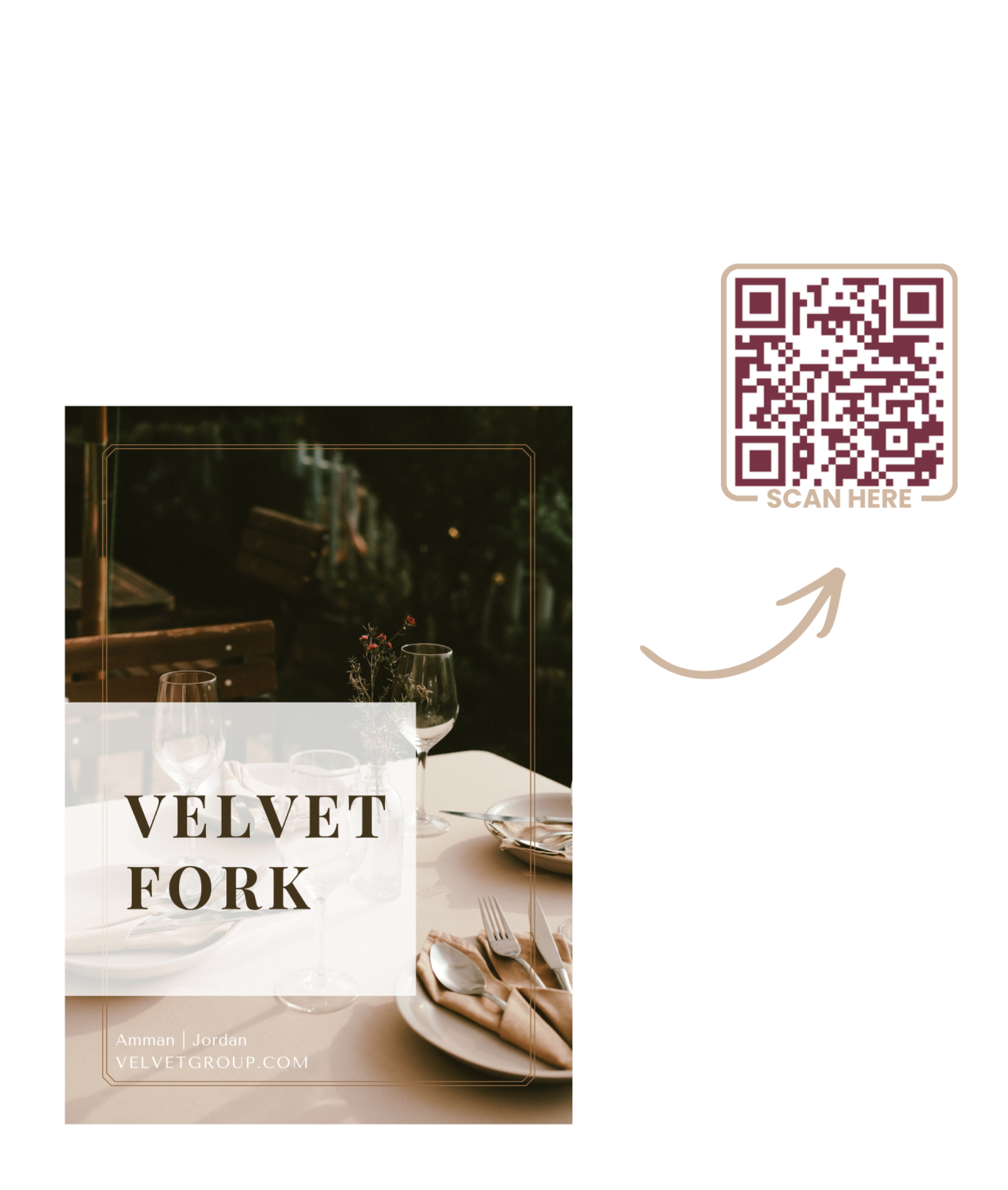 Velvet Fork QRCode Luxury Restaurant printed menu and QR Code menu design by rola khader