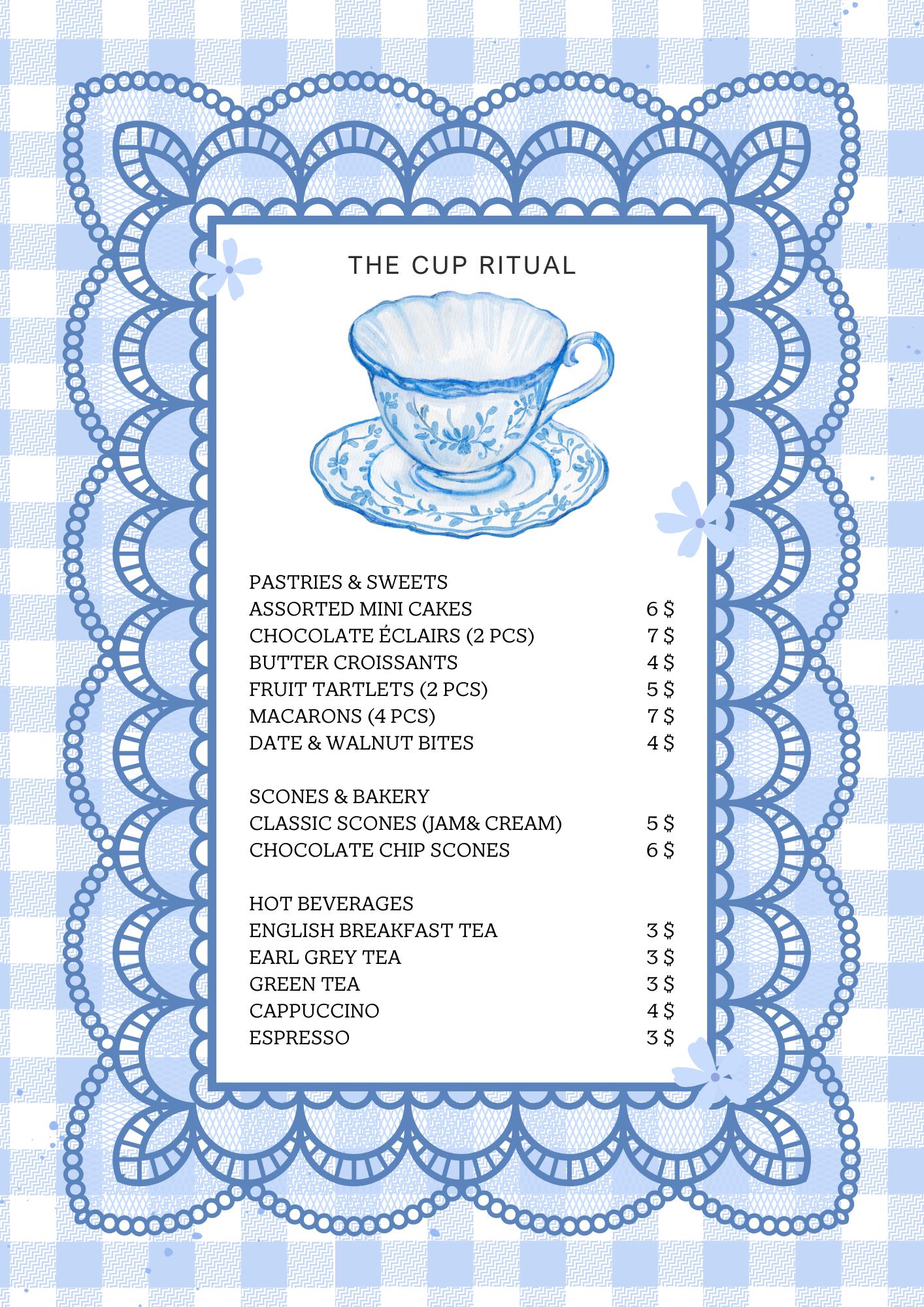 The Cup Ritual Menu Clean, Girly, and eye-catching Afternoon tea shop menu designed by rola khader