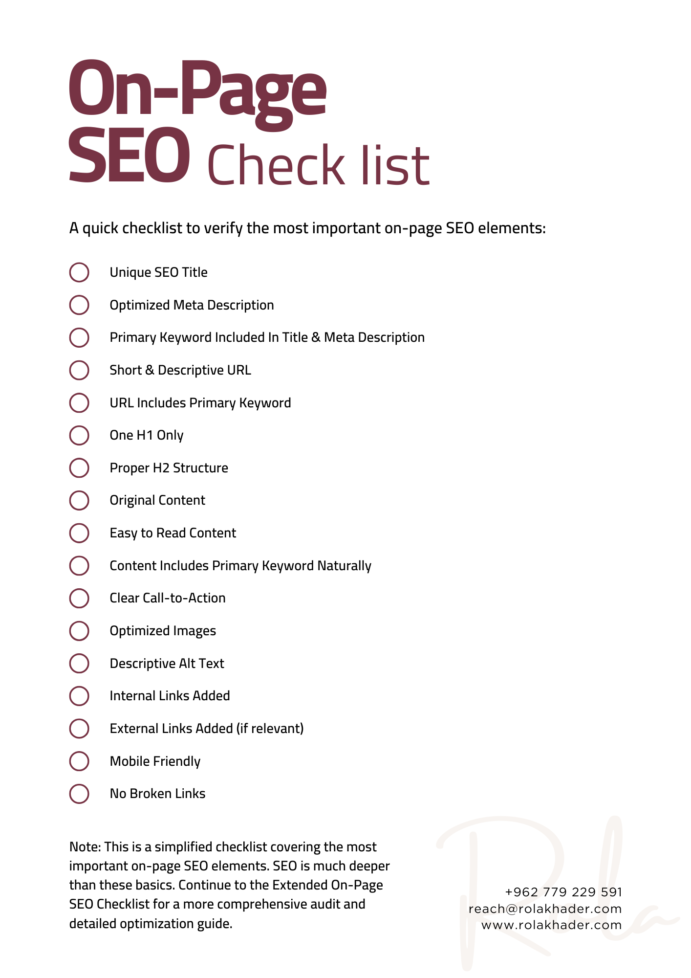 free checklists for on page seo services